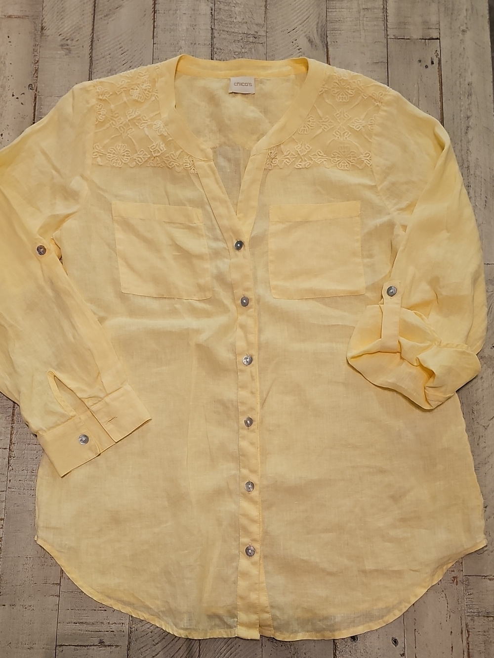 Chico's Pale Yellow Embroidered Linen Button-Front Shirt
